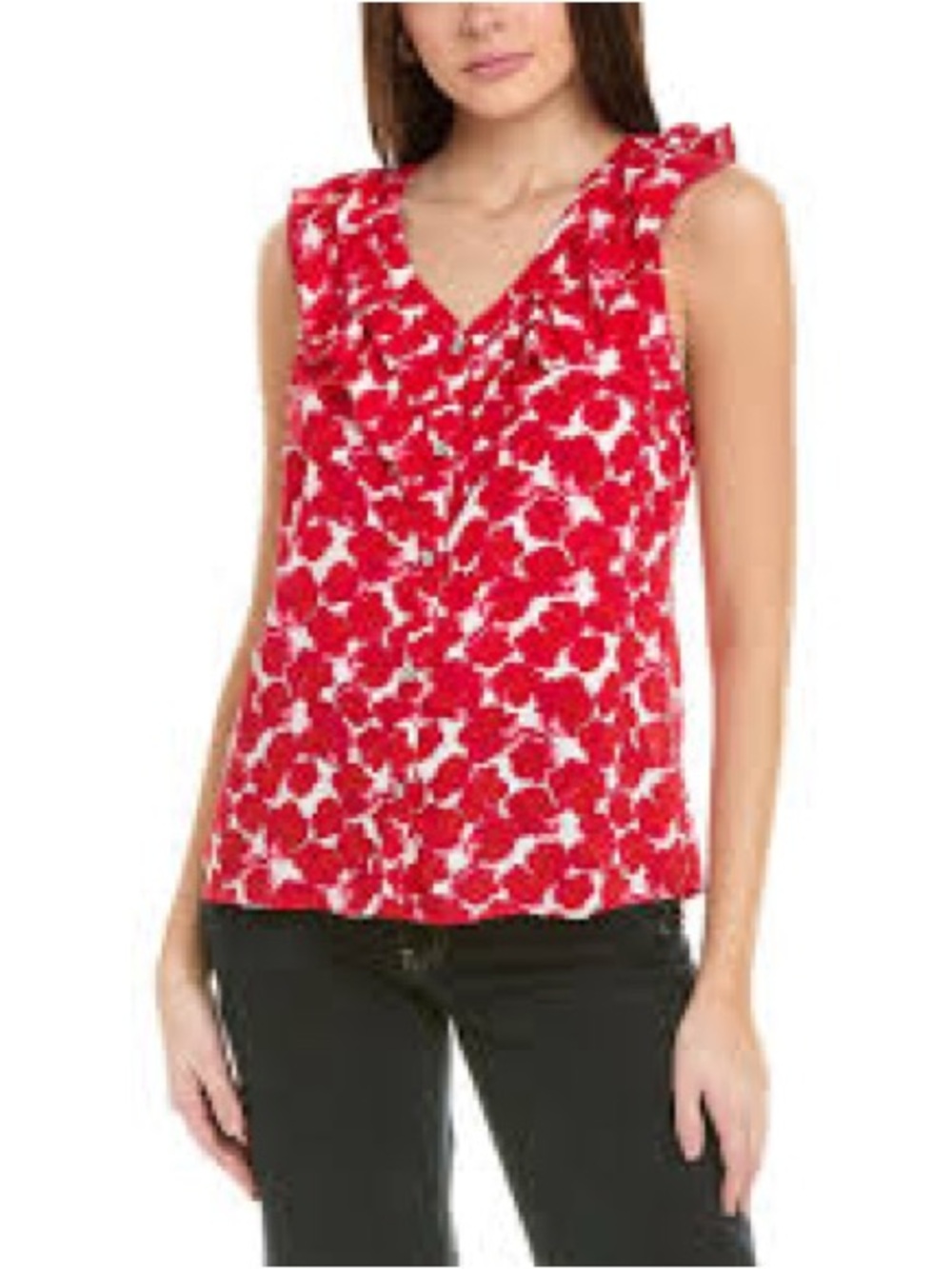 Cabi white and red floral Rosy Top, ruffled neckline, Large, style 4350